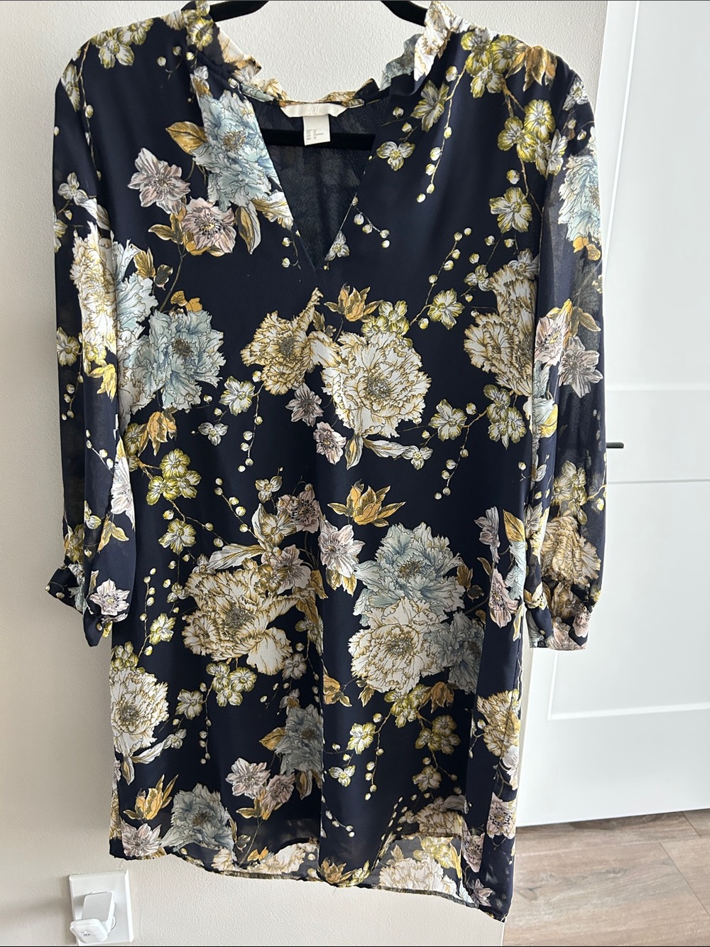 H&M Black Floral Midi Dress with V-Neck